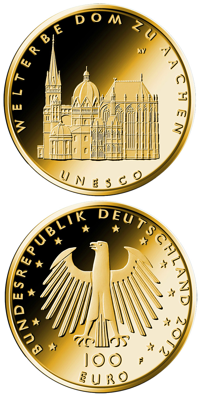 Image of 100 euro coin - UNESCO Welterbe Aachen | Germany 2012.  The Gold coin is of Proof quality.