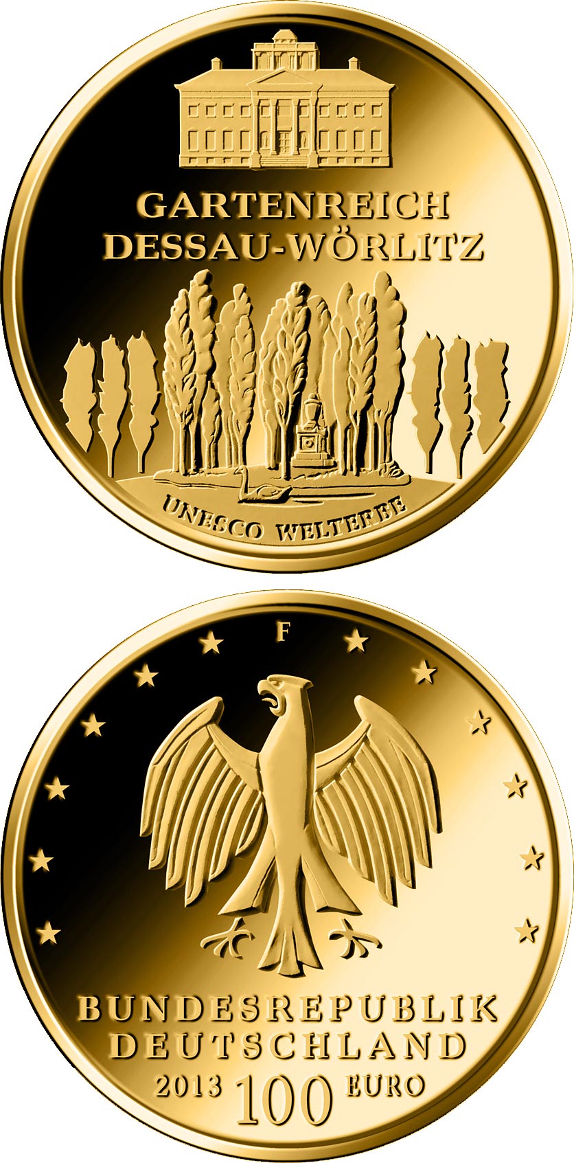 Image of 100 euro coin - UNESCO Welterbe Dessau-Wörlitz | Germany 2013.  The Gold coin is of Proof quality.