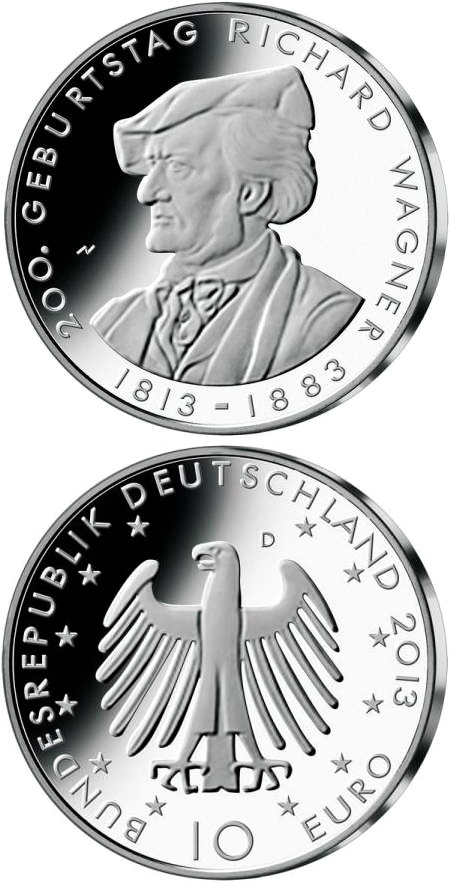 Image of 10 euro coin - 200. Geburtstag Richard Wagner  | Germany 2013.  The Silver coin is of Proof, BU quality.