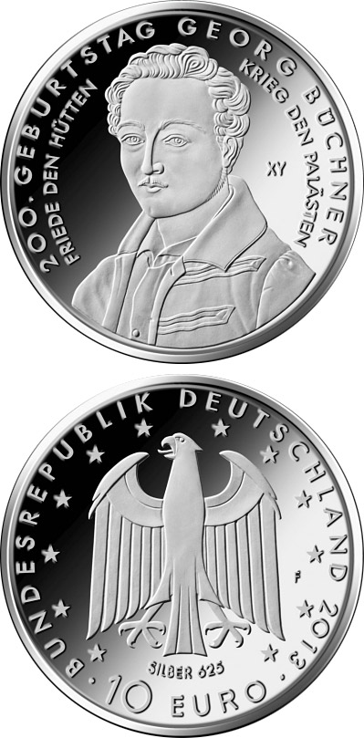 Image of 10 euro coin - 200. Geburtstag Georg Büchner  | Germany 2013.  The Silver coin is of Proof, BU quality.