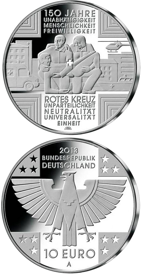 Image of 10 euro coin - 150 Jahre Rotes Kreuz  | Germany 2013.  The Silver coin is of Proof, BU quality.