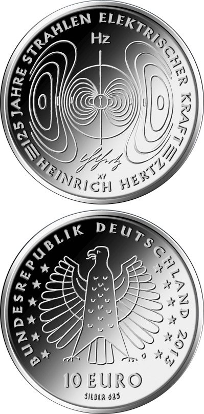 Image of 10 euro coin - 125 Jahre Nachweis der elektromagnetischen Wellen durch Heinrich Hertz  | Germany 2013.  The Silver coin is of Proof, BU quality.
