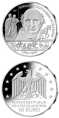 Image of 10 euro coin - 250. Geburtstag Johann Gottfried Schadow | Germany 2014.  The Silver coin is of Proof, BU quality.