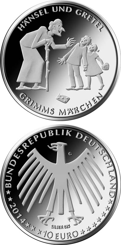Image of 10 euro coin - Grimms Märchen: Hänsel und Gretel | Germany 2014.  The Silver coin is of Proof, BU quality.