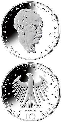 Image of 10 euro coin - 150. Geburtstag Richard Strauss | Germany 2014.  The Silver coin is of Proof, BU quality.