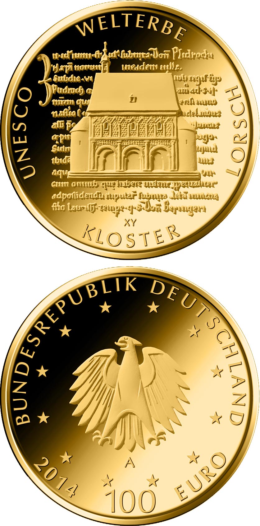 Image of 100 euro coin - UNESCO Welterbe - Kloster Lorsch | Germany 2014.  The Gold coin is of Proof quality.