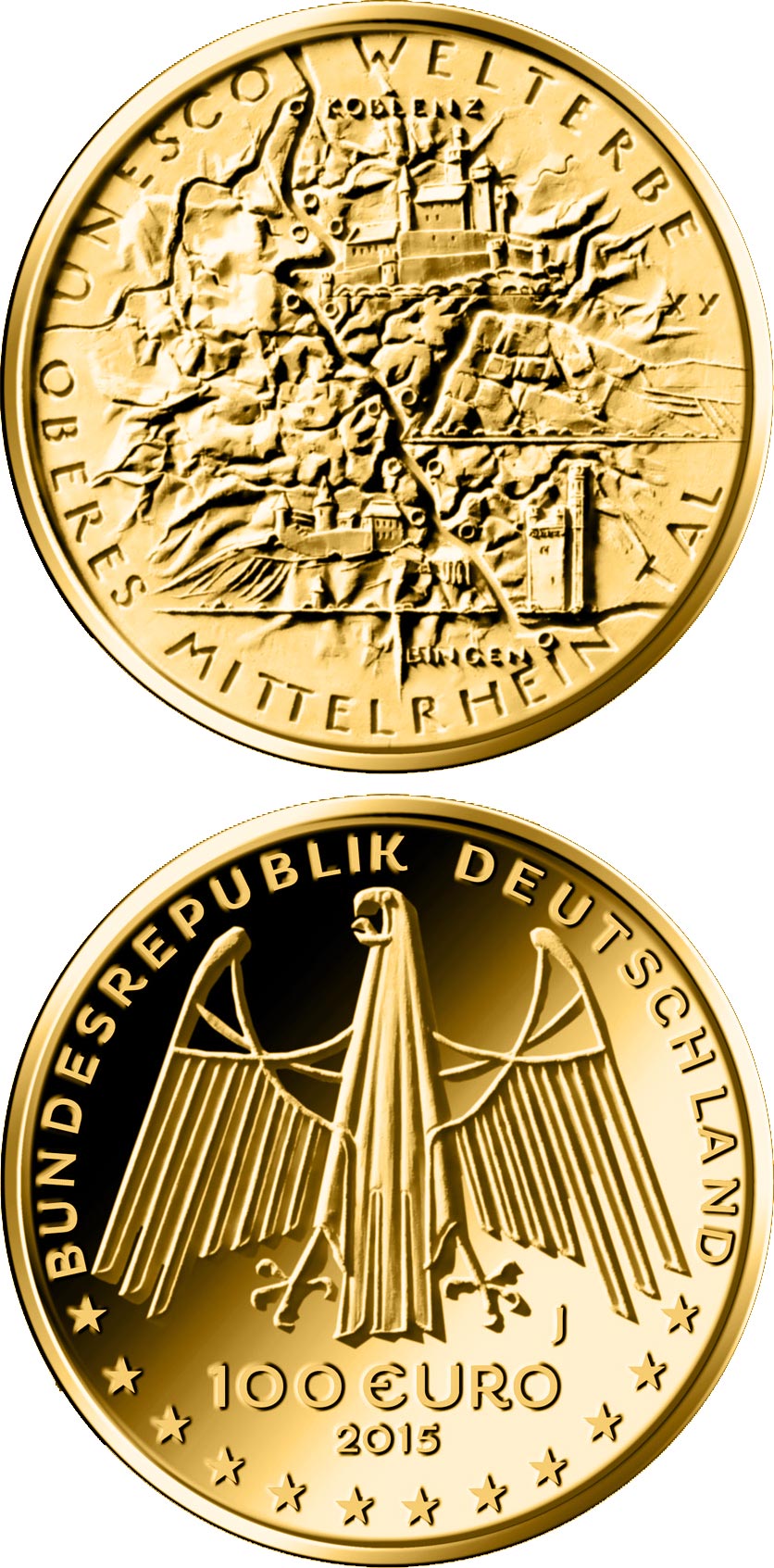 Image of 100 euro coin - UNESCO Welterbe - Oberes Mittelrheintal | Germany 2015.  The Gold coin is of Proof quality.