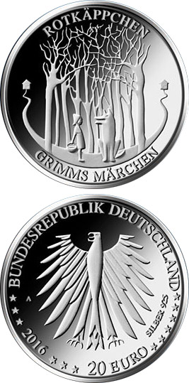 Image of 20 euro coin - Rotkäppchen und der Wolf  | Germany 2016.  The Silver coin is of Proof, BU quality.