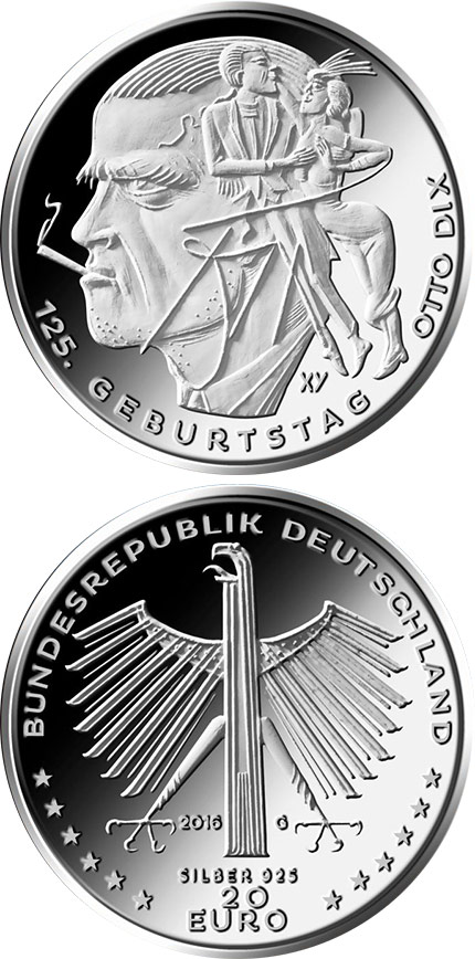 Image of 20 euro coin - 125 Geburtstag von Otto Dix  | Germany 2016.  The Silver coin is of Proof, BU quality.