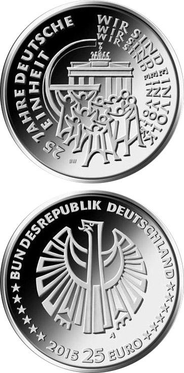 Image of 25 euro coin - 25 Jahre Deutsche Einheit | Germany 2015.  The Silver coin is of Proof quality.