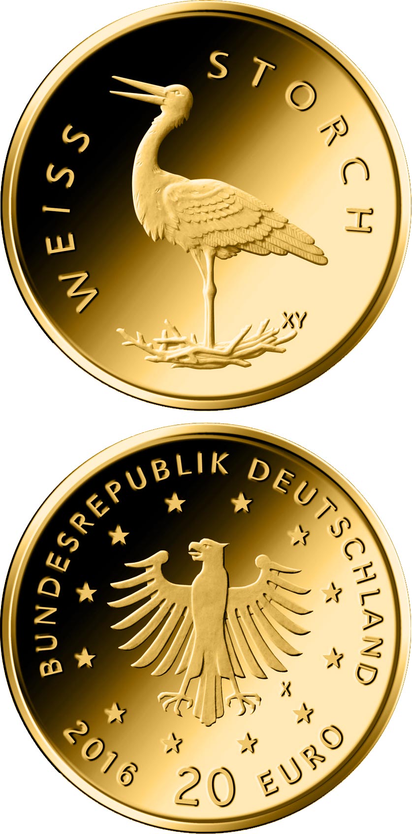 Image of 20 euro coin - Weißstorch  | Germany 2020.  The Gold coin is of Proof quality.