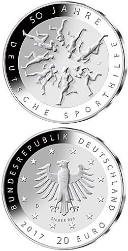 Image of 20 euro coin - 50 Jahre Deutsche Sporthilfe | Germany 2017.  The Silver coin is of Proof, BU quality.