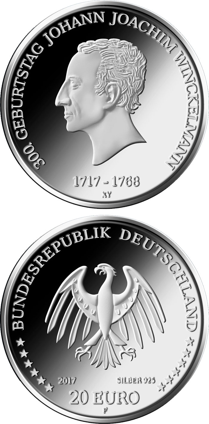 Image of 20 euro coin - 300. Geburtstag Johann Joachim Winckelmann | Germany 2017.  The Silver coin is of Proof, BU quality.