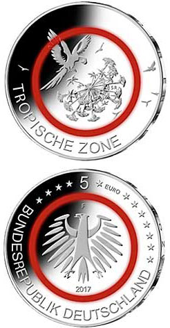 Image of 5 euro coin - Tropische Zone | Germany 2017.  The Copper coin is of UNC quality.