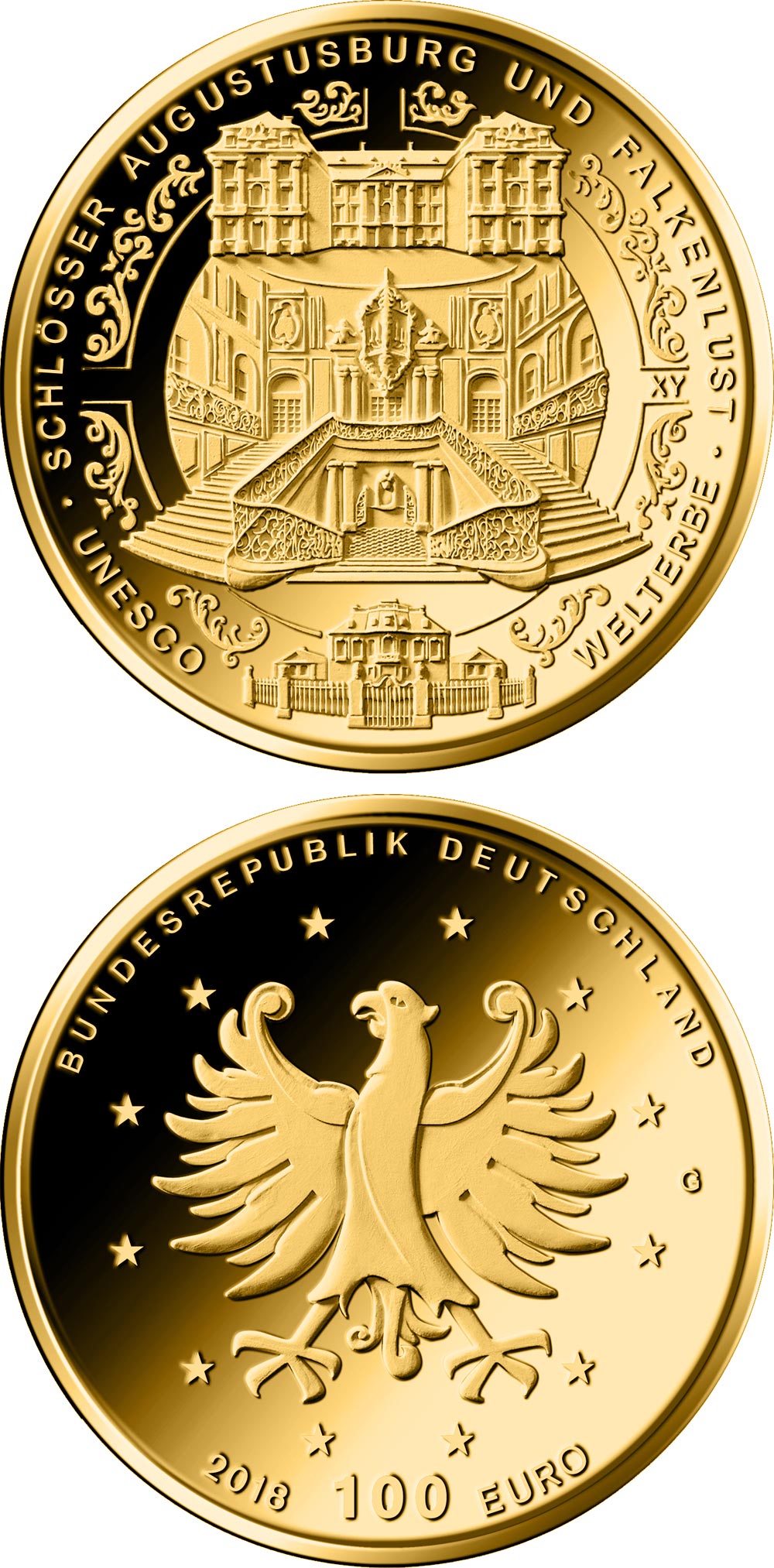 Image of 100 euro coin - Schlös­ser Au­gus­tus­burg und Fal­ken­lust in Brüh | Germany 2018.  The Gold coin is of Proof quality.