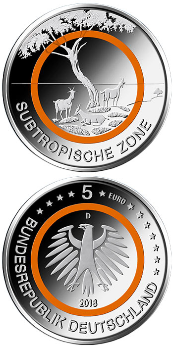 Image of 5 euro coin - Subtropische Zone | Germany 2018.  The Copper coin is of UNC quality.