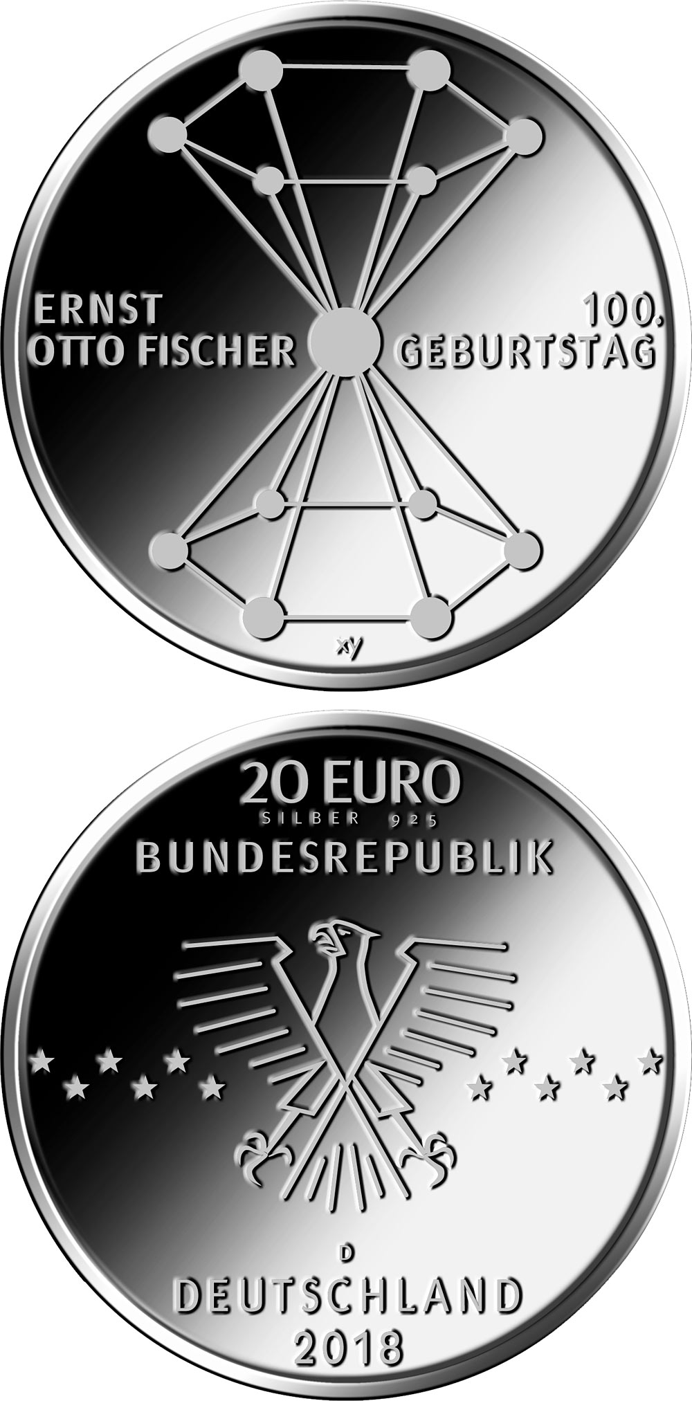 Image of 20 euro coin - 100. Geburtstag Ernst Otto Fischer | Germany 2018.  The Silver coin is of Proof, BU quality.