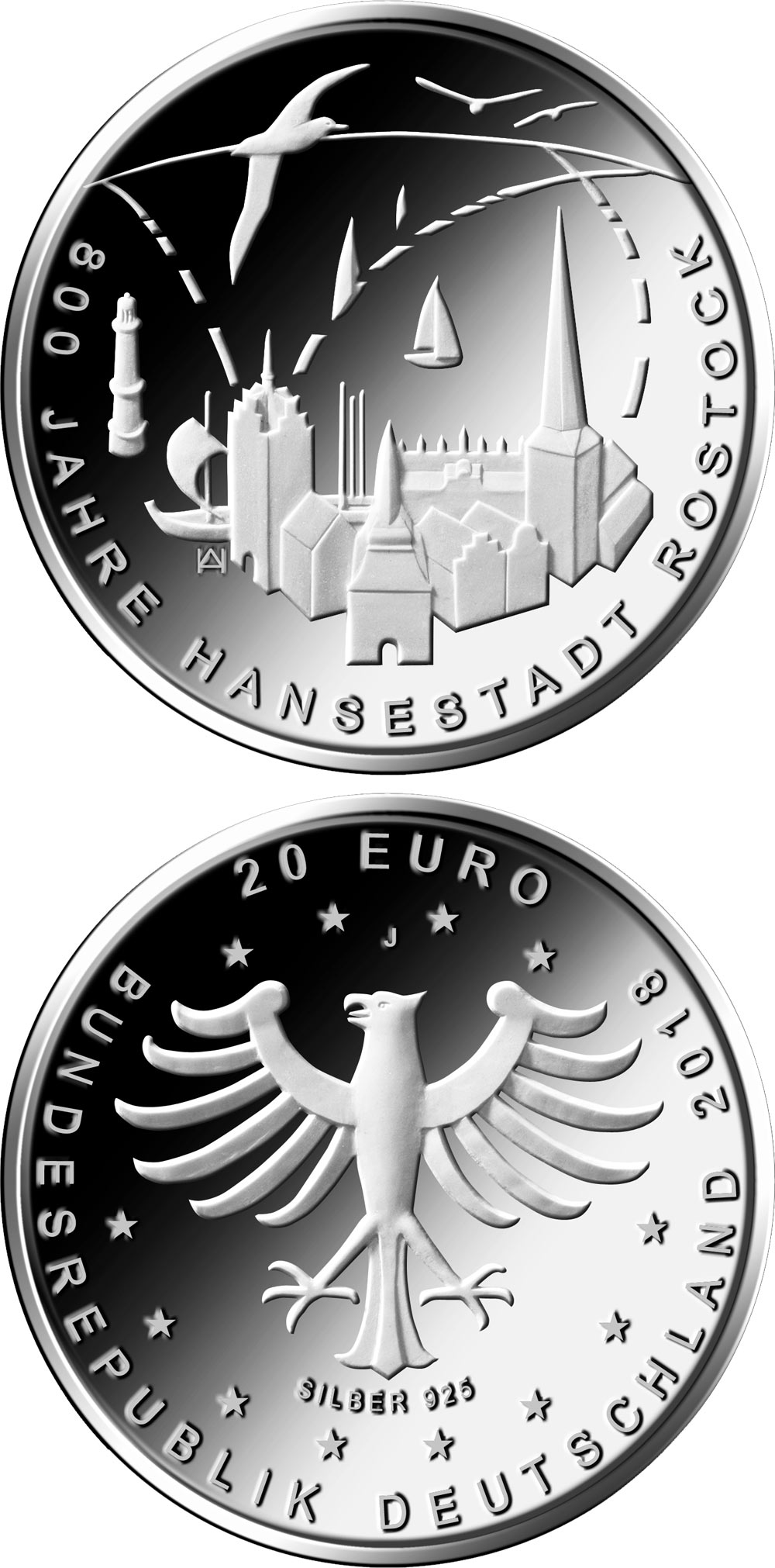 Image of 20 euro coin - 800 Jahre Hansestadt Rostock  | Germany 2018.  The Silver coin is of Proof, BU quality.