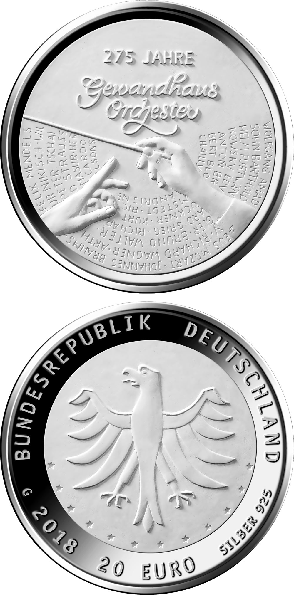 Image of 20 euro coin - 275 Jahre Gewandhausorchester  | Germany 2018.  The Silver coin is of Proof, BU quality.