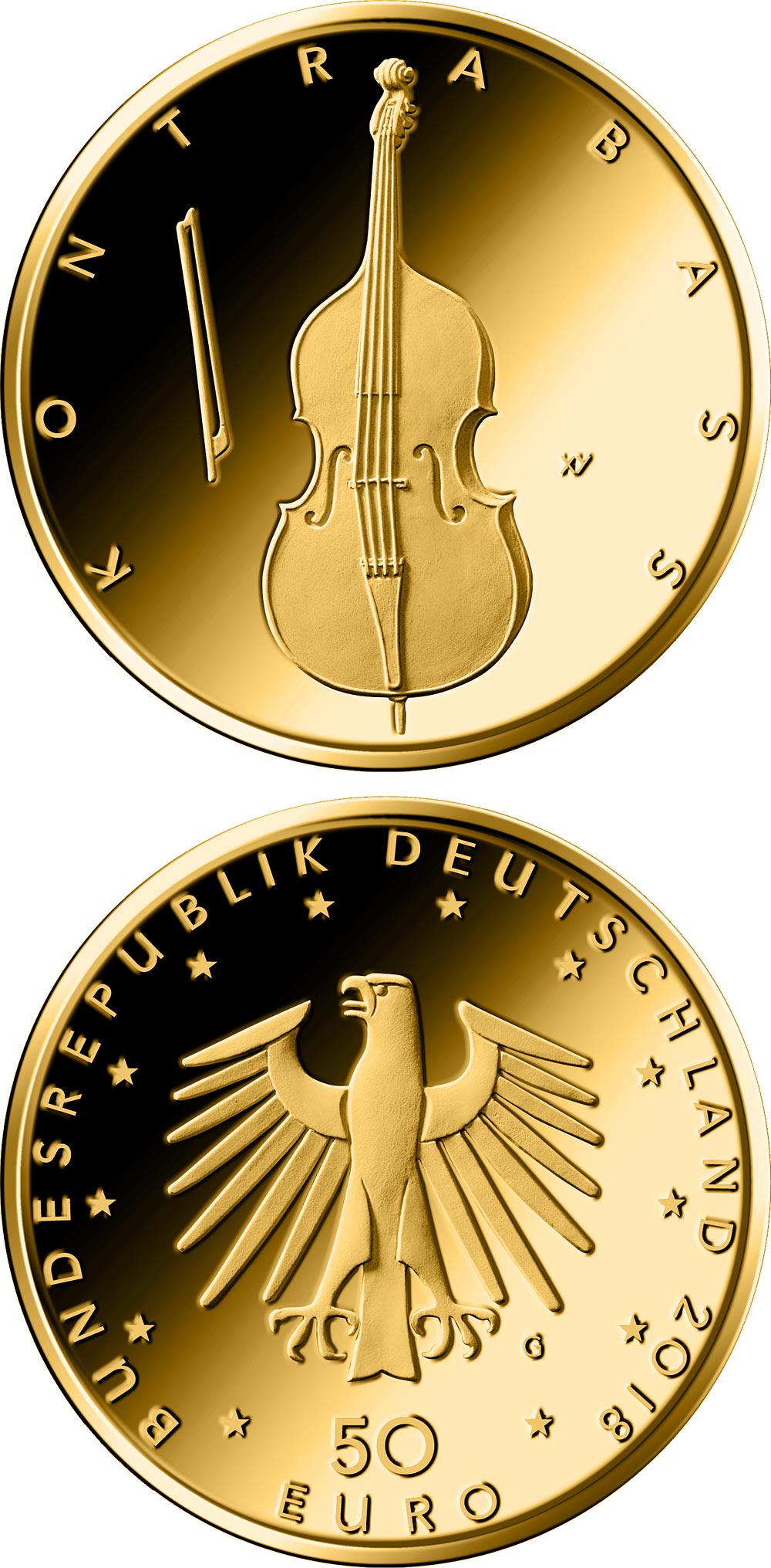 Image of 50 euro coin - Double bass | Germany 2018.  The Gold coin is of Proof quality.