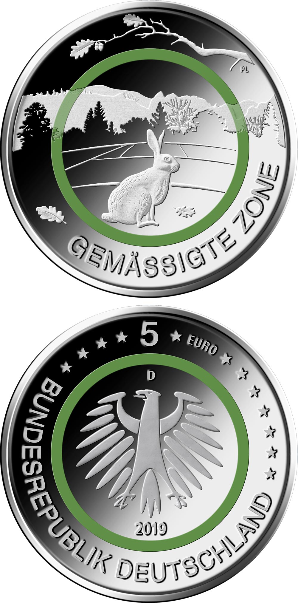 Image of 5 euro coin - Gemässigte Zone | Germany 2019.  The Copper coin is of UNC quality.