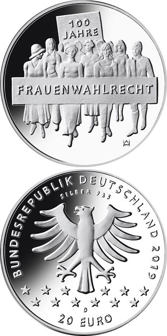 Image of 20 euro coin - 100 Jahre Frauenwahlrecht  | Germany 2019.  The Silver coin is of Proof, BU quality.