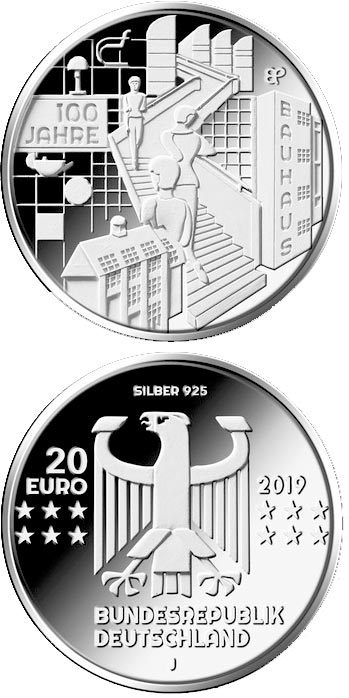 Image of 20 euro coin - 100 Jahre Bauhaus | Germany 2019.  The Silver coin is of Proof, BU quality.