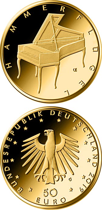 Image of 50 euro coin - Fortepiano | Germany 2019.  The Gold coin is of Proof quality.