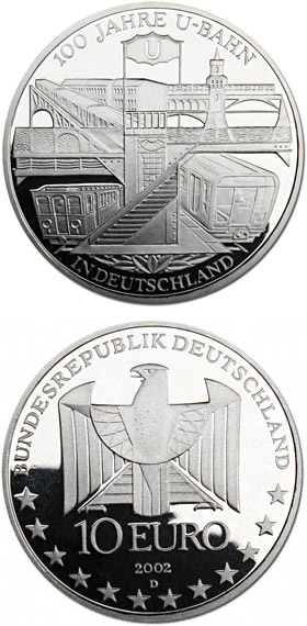 Image of 10 euro coin - 100 Jahre U-Bahn in Deutschland | Germany 2002.  The Silver coin is of Proof, BU quality.