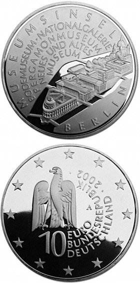 Image of 10 euro coin - Museumsinsel Berlin | Germany 2002.  The Silver coin is of Proof, BU quality.