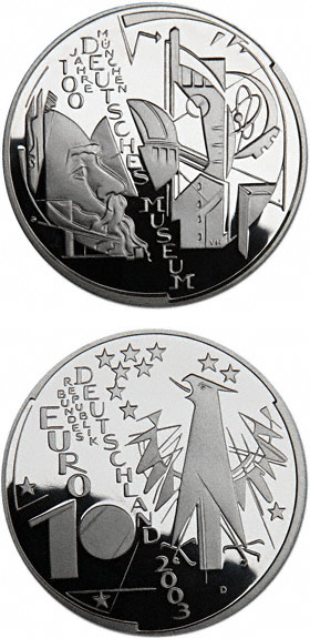 Image of 10 euro coin - 100 Jahre Deutsches Museum München | Germany 2003.  The Silver coin is of Proof, BU quality.