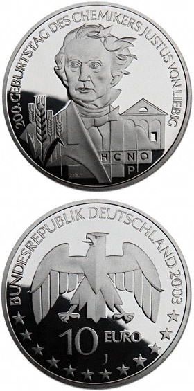 Image of 10 euro coin - 200 Geburtstag Justus von Liebig | Germany 2003.  The Silver coin is of Proof, BU quality.