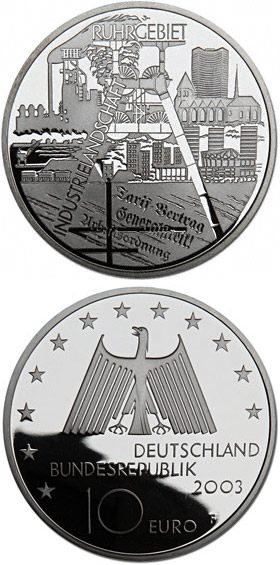 Image of 10 euro coin - Industrielandschaft Ruhrgebiet | Germany 2003.  The Silver coin is of Proof, BU quality.