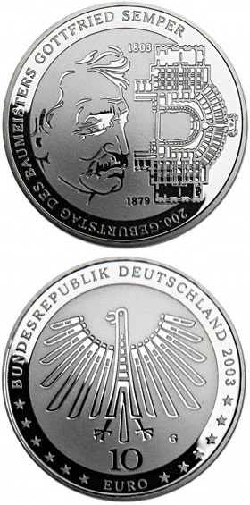 Image of 10 euro coin - 200. Geburtstag von Gottfried Semper | Germany 2003.  The Silver coin is of Proof, BU quality.