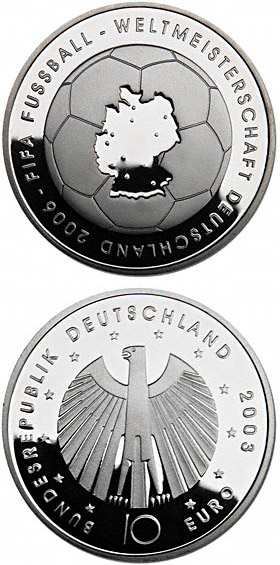 Image of 10 euro coin - FIFA-Fußball-WM -Landkarte- | Germany 2003.  The Silver coin is of Proof, BU quality.