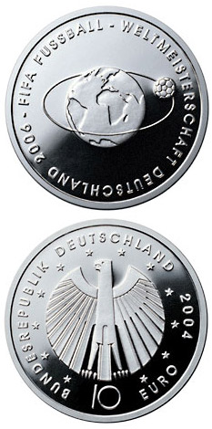 Image of 10 euro coin - FIFA-Fußball-WM -Weltkugel- | Germany 2004.  The Silver coin is of Proof, BU quality.