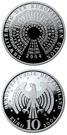 Image of 10 euro coin - Erweiterung der Europäischen Union | Germany 2004.  The Silver coin is of Proof, BU quality.