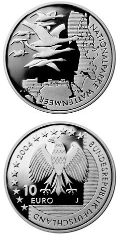 Image of 10 euro coin - Nationalparke Wattenmeer | Germany 2004.  The Silver coin is of Proof, BU quality.