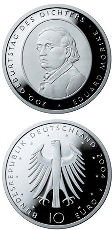 Image of 10 euro coin - 200. Geburtstag des Dichters Eduard Mörike | Germany 2004.  The Silver coin is of Proof, BU quality.