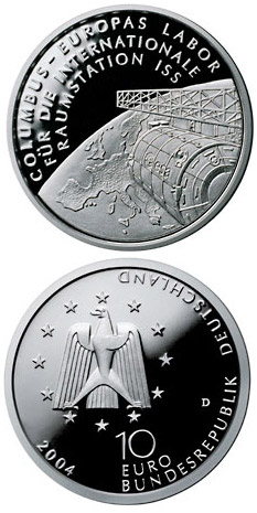 Image of 10 euro coin - Columbus - Europas Labor für die Internationale Raumstation ISS | Germany 2004.  The Silver coin is of Proof, BU quality.