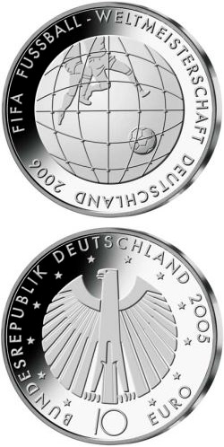 Image of 10 euro coin - FIFA-Fußball-WM -Tornetz- | Germany 2005.  The Silver coin is of Proof, BU quality.