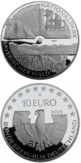 Image of 10 euro coin - Nationalpark Bayerischer Wald | Germany 2005.  The Silver coin is of Proof, BU quality.