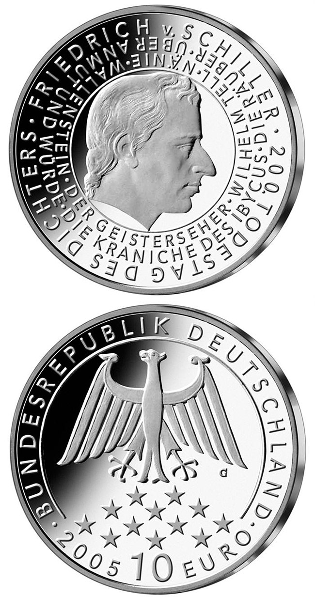 Image of 10 euro coin - 200. Todestag von Friedrich Schiller | Germany 2005.  The Silver coin is of Proof, BU quality.