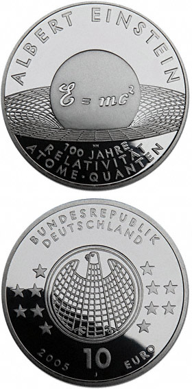 Image of 10 euro coin - Albert Einstein - 100 Jahre Relativität, Atome, Quanten | Germany 2005.  The Silver coin is of Proof, BU quality.