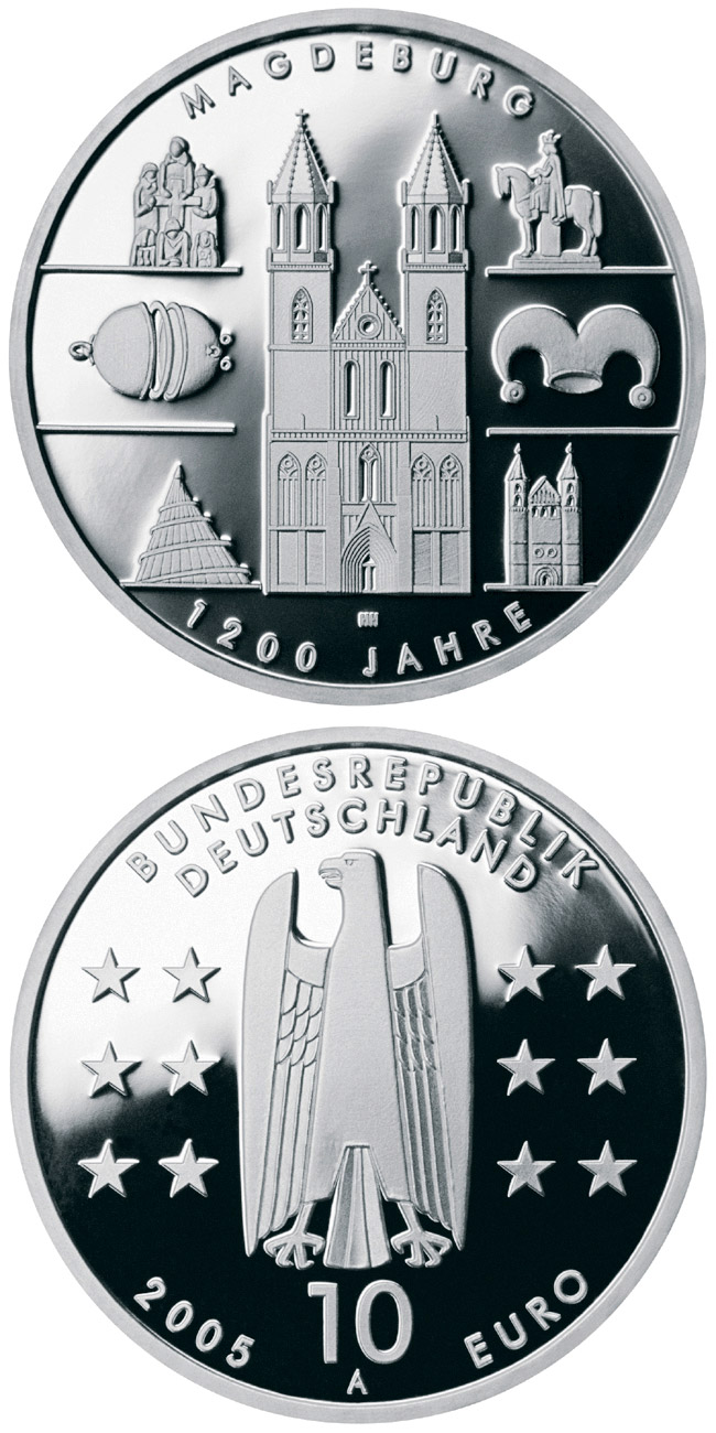Image of 10 euro coin - 1200 Jahre Magdeburg | Germany 2005.  The Silver coin is of Proof, BU quality.