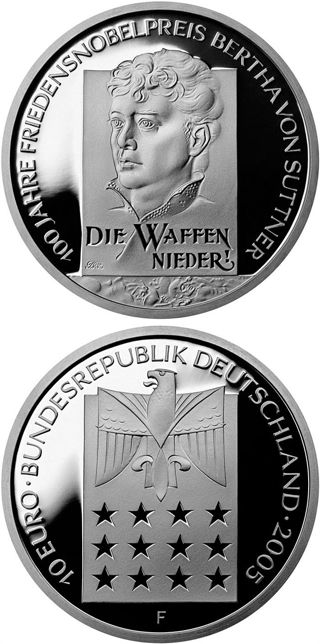 Image of 10 euro coin - 100. Jahrestag Friedensnobelpreis für Bertha von Suttner | Germany 2005.  The Silver coin is of Proof, BU quality.