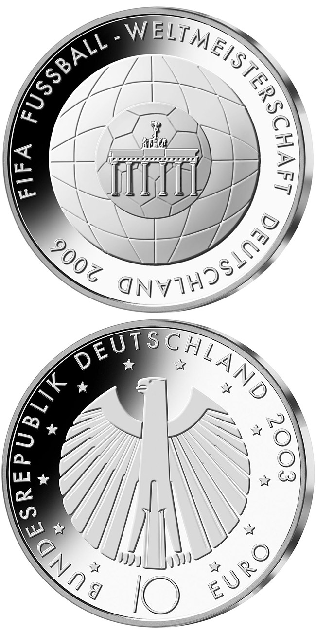 Image of 10 euro coin - FIFA-Fußball-WM -Brandenburger Tor- | Germany 2006.  The Silver coin is of Proof, BU quality.