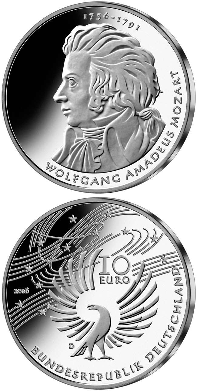 Image of 10 euro coin - 250. Geburtstag Wolfgang Amadeus Mozart | Germany 2006.  The Silver coin is of Proof, BU quality.