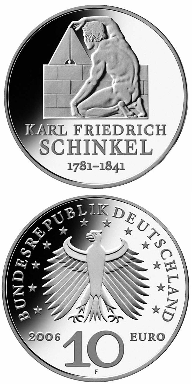 Image of 10 euro coin - 225. Geburtstag von Karl Friedrich Schinkel | Germany 2006.  The Silver coin is of Proof, BU quality.