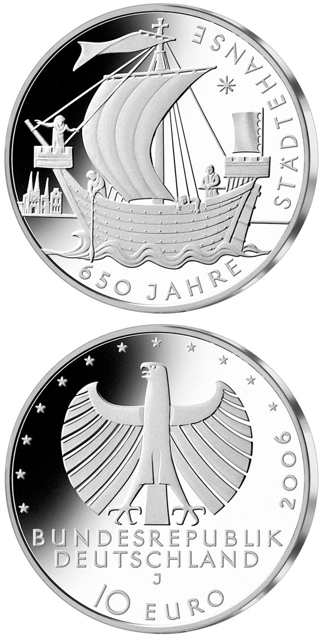Image of 10 euro coin - 650 Jahre Städtehanse | Germany 2006.  The Silver coin is of Proof, BU quality.